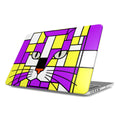 Nova bright neon purple and yellow geometric cat face MacBook protective case shown from the front angle.