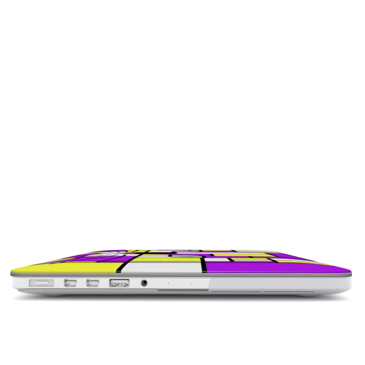 Side view of the Nova bright neon purple and yellow geometric cat face MacBook protective case, highlighting its slim profile.