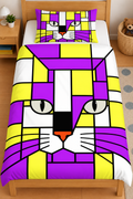 A colorful bedding set on a wooden bed, featuring a duvet cover and matching pillowcase with a stylized cat face in a geometric, stained-glass-like pattern of purple, yellow, white, black, and orange.