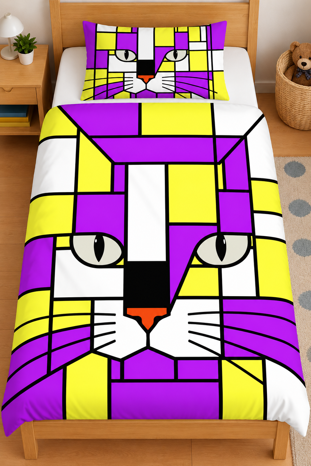 A colorful bedding set on a wooden bed, featuring a duvet cover and matching pillowcase with a stylized cat face in a geometric, stained-glass-like pattern of purple, yellow, white, black, and orange.