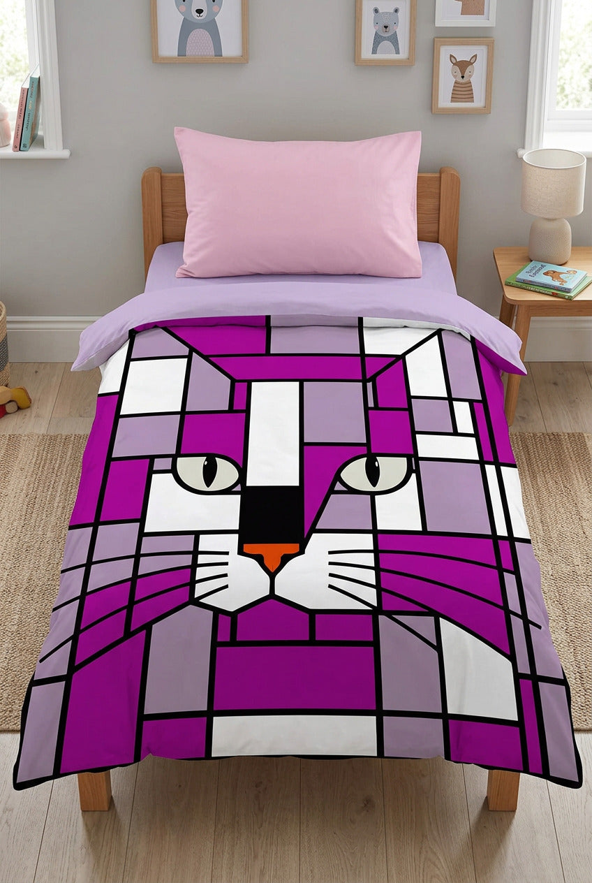 A square duvet cover featuring a stylized cat face in a stained-glass mosaic pattern. The design uses shades of purple, magenta, lavender, white, black, and a small orange accent on the nose.