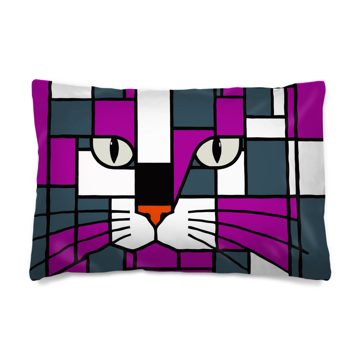 A rectangular pillowcase featuring a stylized, geometric cat face in a stained-glass art design with purple, dark gray, white, black, and orange details, shown against a plain white background.