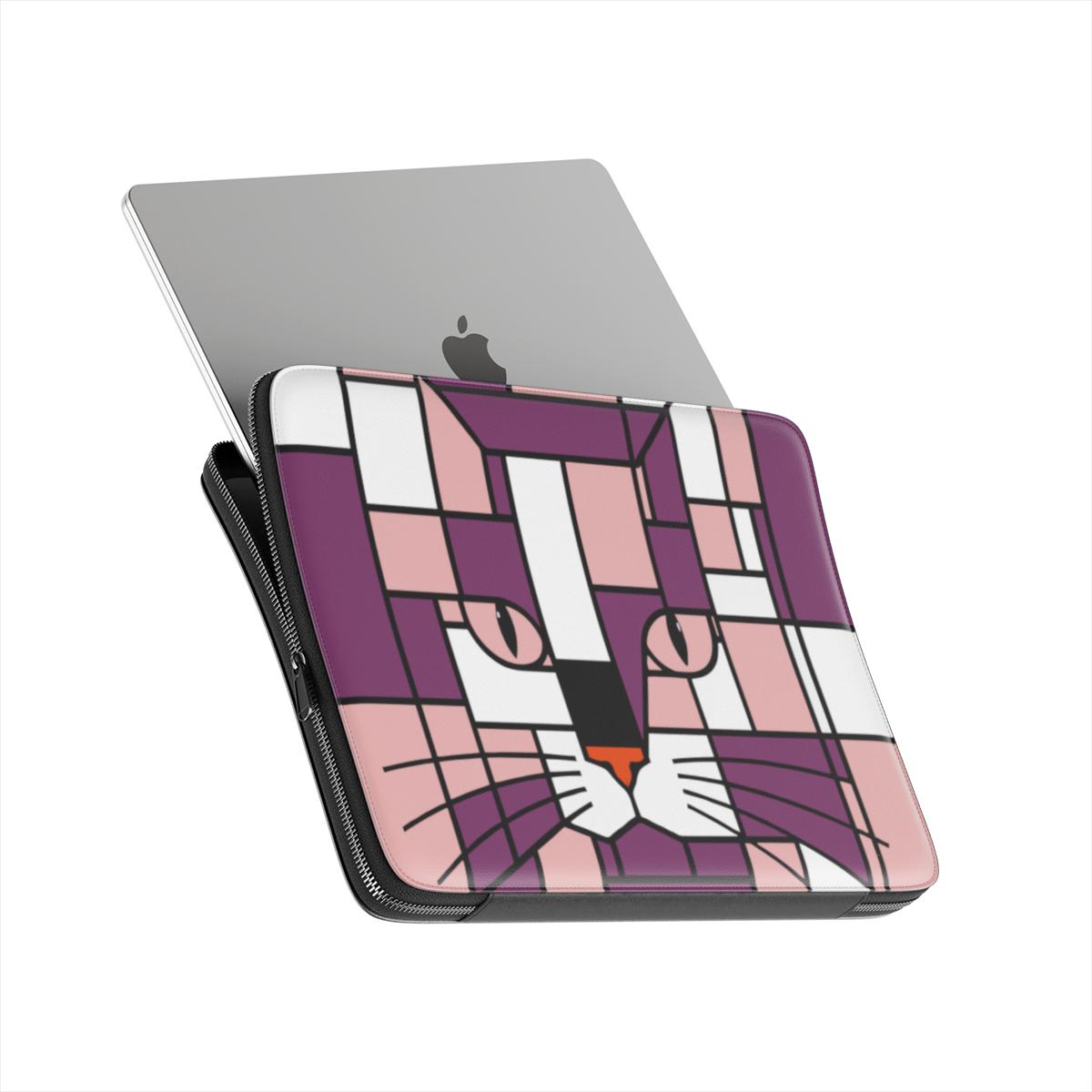 Premium laptop sleeve featuring a geometric cat face design in pink, purple and rose, shown from the front angle.