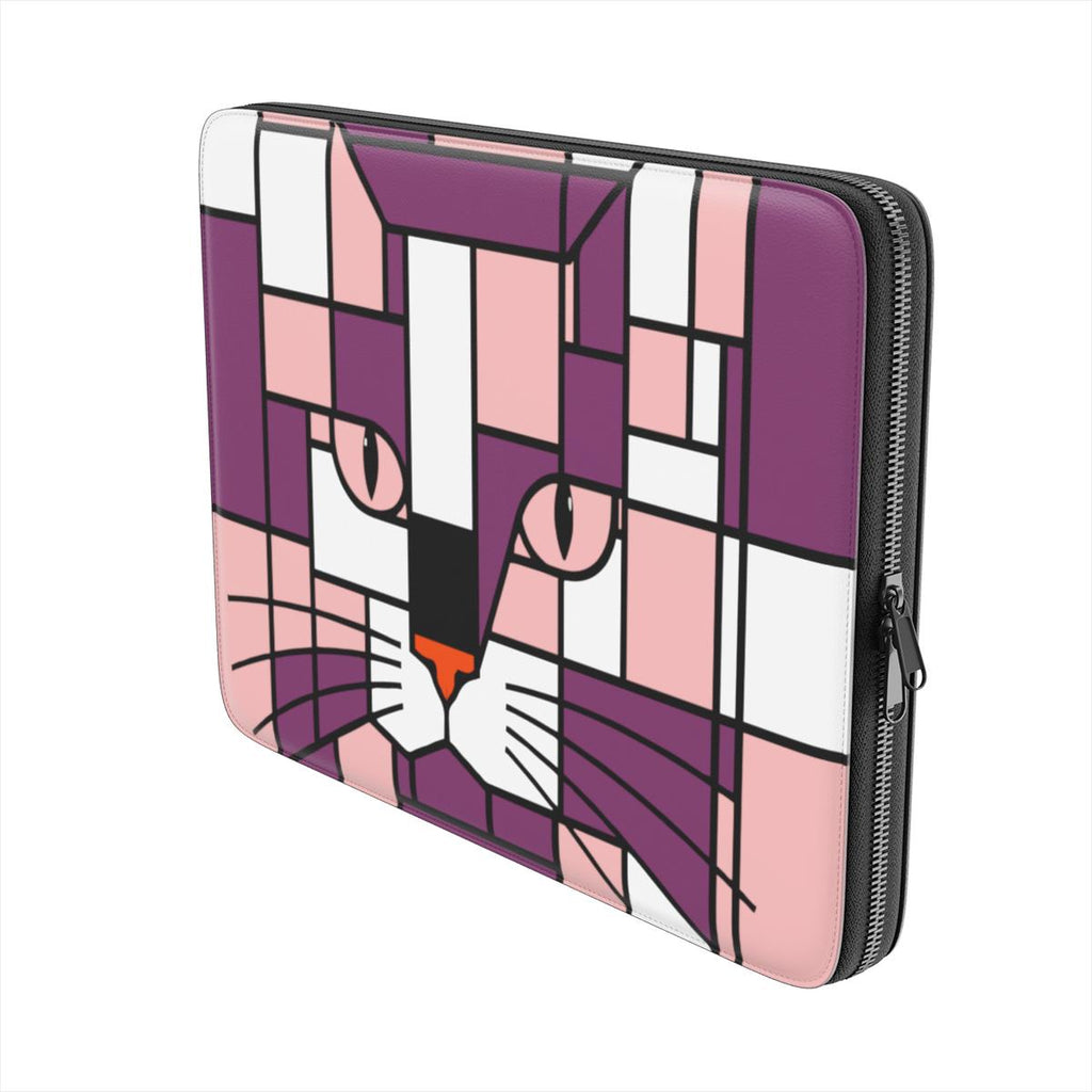 Side view of the pink, purple and rose geometric cat face premium laptop sleeve, its slim profile and zip closure