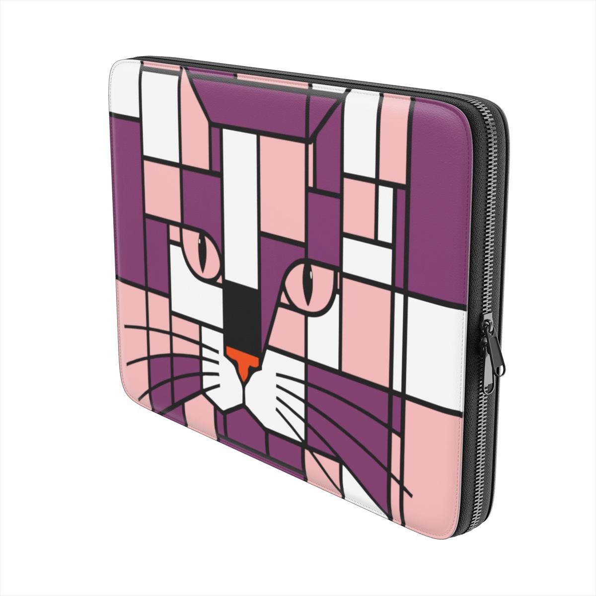Side view of the pink, purple and rose geometric cat face premium laptop sleeve, its slim profile and zip closure