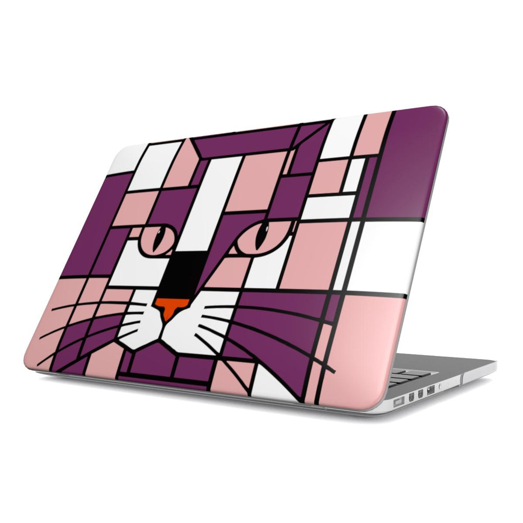 Pink, rose and crimson red geometric cat face MacBook protective case shown from the front angle.