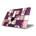 Pink, rose and crimson red geometric cat face MacBook protective case shown from the front angle.