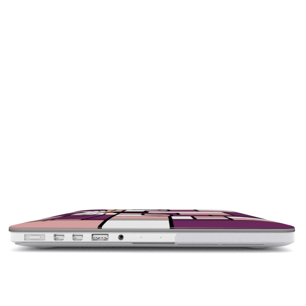 Side view of the pink, rose and crimson red geometric cat face MacBook protective case, highlighting its slim profile.