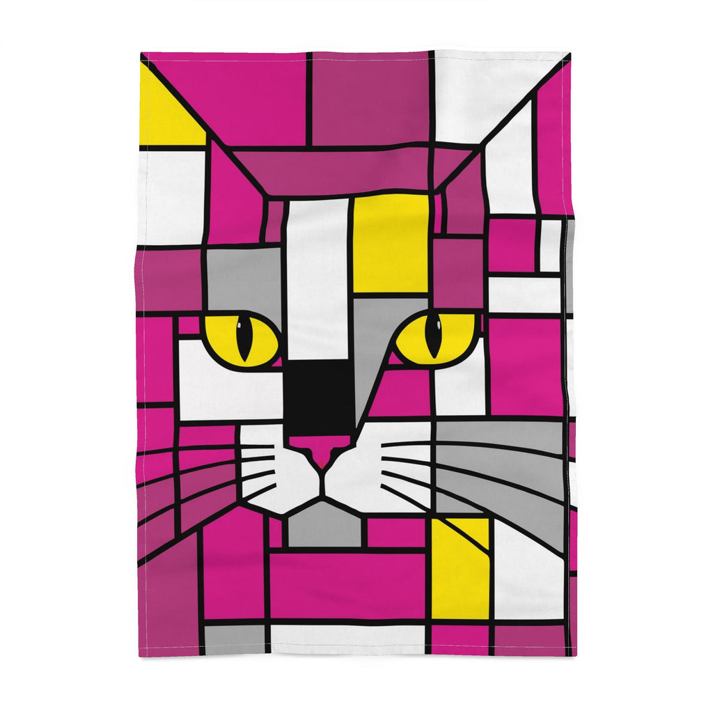 A square kitchen towel featuring a colorful geometric cat face design in a stained-glass art style, with pink, white, yellow, gray, and black blocks, shown against a plain white background.