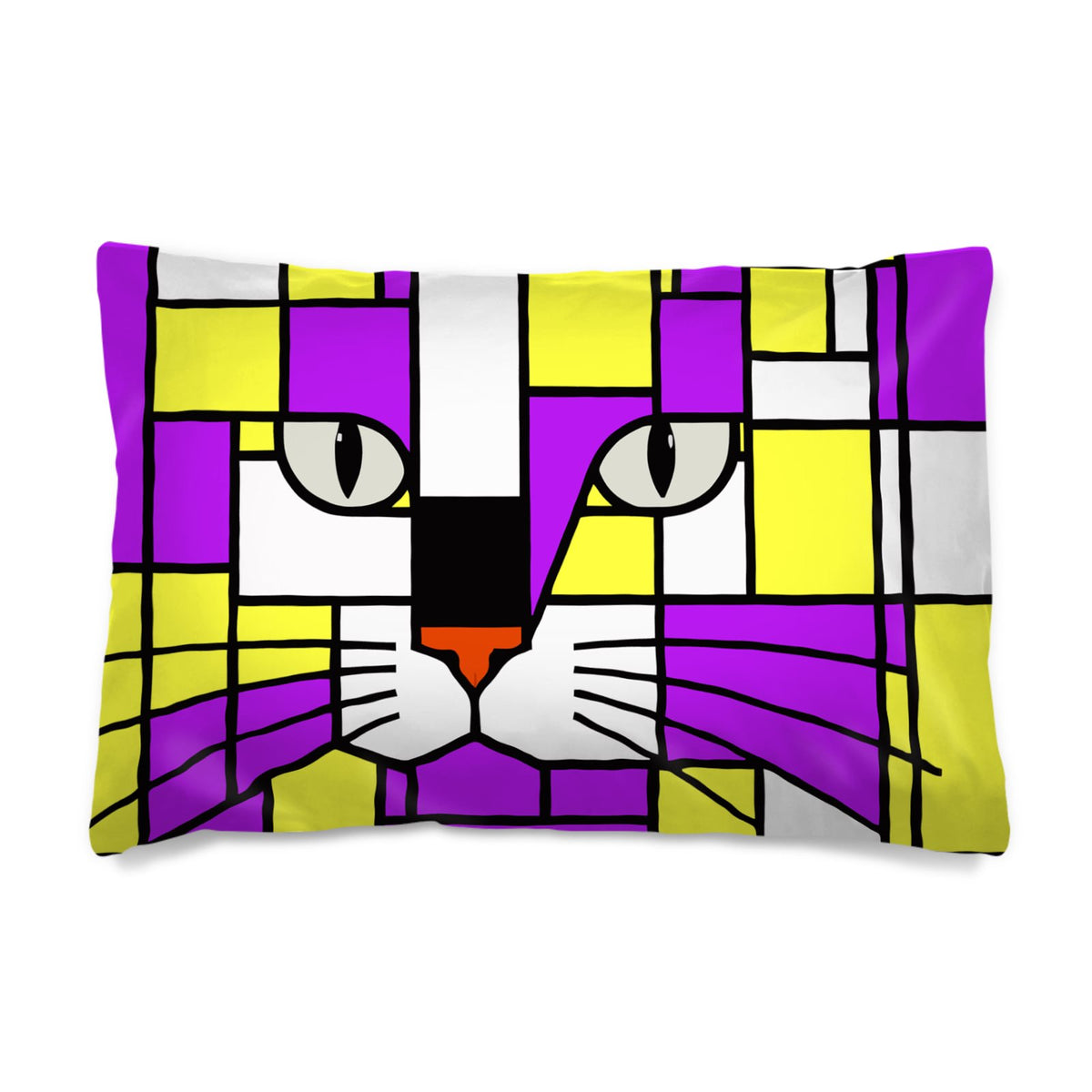 A rectangular pillow sham featuring a  pop art , geometric cat face design in purple, yellow, white, black, and orange on a white background.