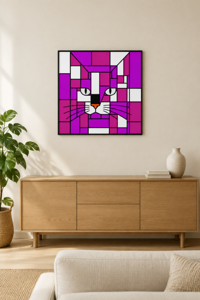 A framed square wall art print featuring a stylized cat face in geometric purple, magenta, white, black, and orange blocks, displayed above a light wood sideboard in a modern living room setting.