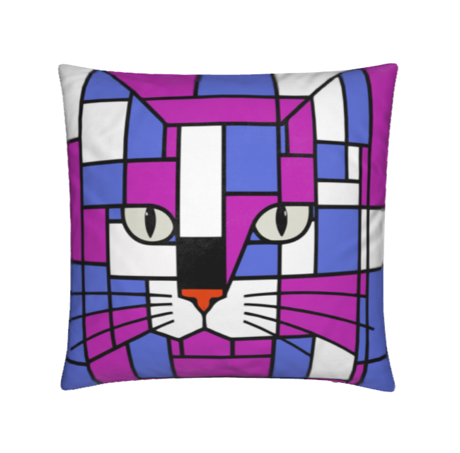 A square throw pillow featuring a colorful, geometric cat face design in a stained-glass style with cosmic purple, blue, white, black, and orange details, shown against a plain white background.