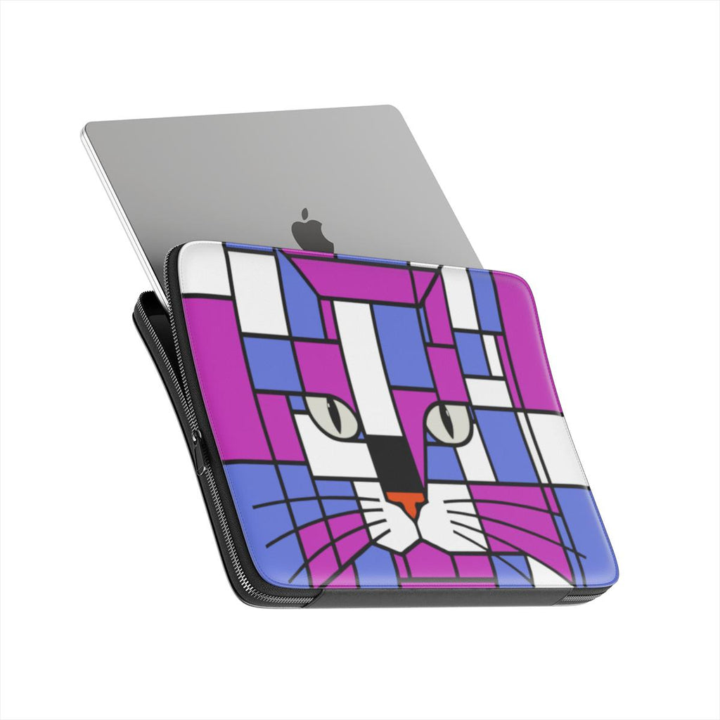 Premium laptop sleeve featuring a geometric cat face design in purple, light blue and grey, shown from the front angle.