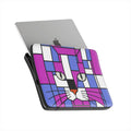 Premium laptop sleeve featuring a geometric cat face design in purple, light blue and grey, shown from the front angle.