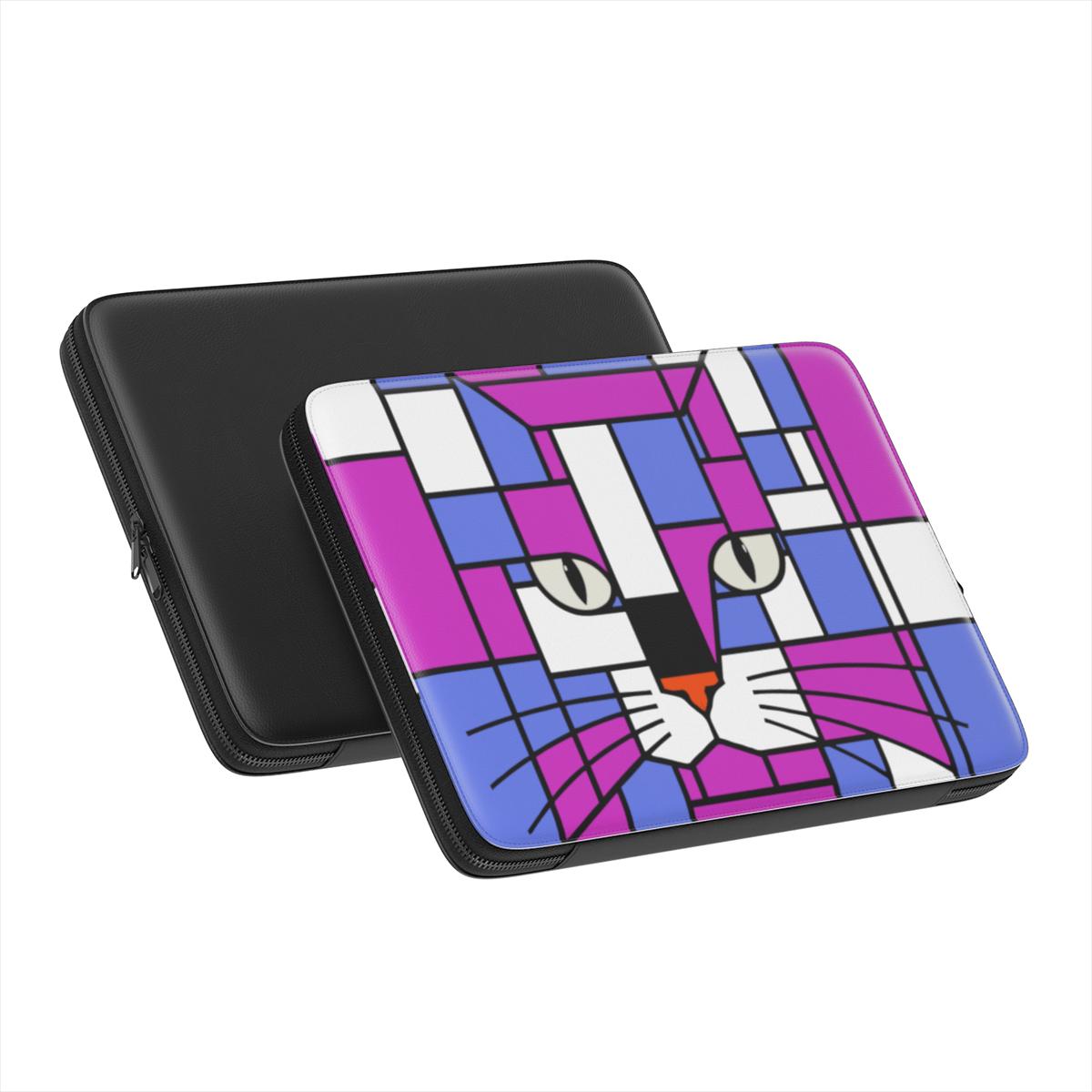 exterior details  of the purple, light blue grey  geometric cat face premium laptop sleeve showing the padded lining and protective construction and rear black cover.
