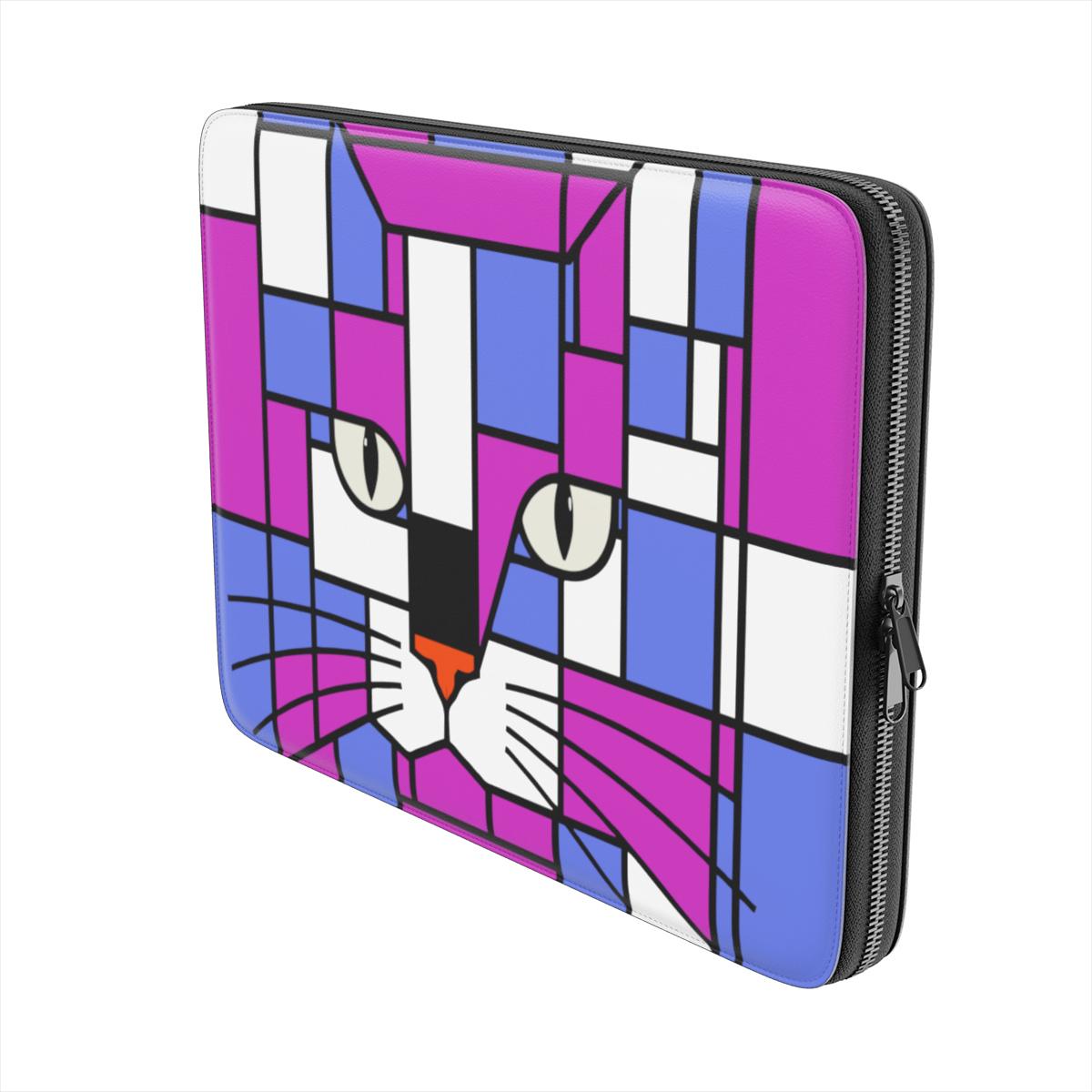 Side view of the purple, light blue and grey geometric cat face premium laptop sleeve, highlighting its slim profile and premium zip closure.