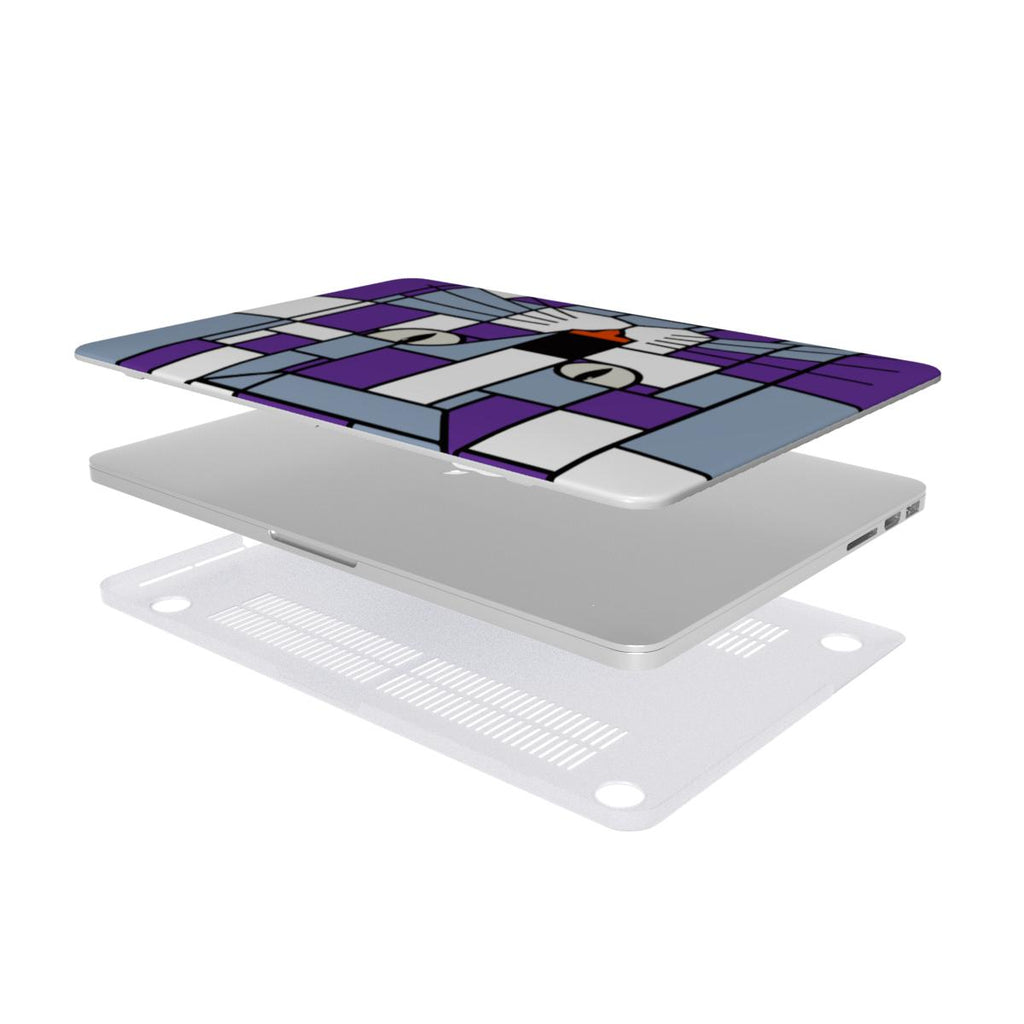 Purple, silver, grey and blue cat face MacBook protective case showing the complete two-piece case assembly.