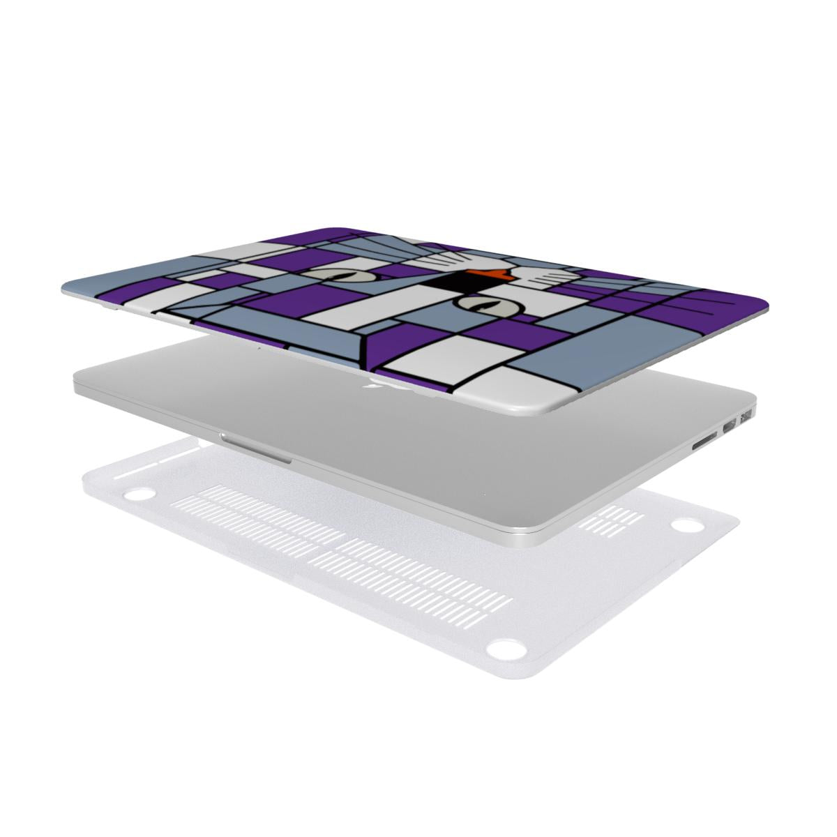 Purple, silver, grey and blue cat face MacBook protective case showing the complete two-piece case assembly.