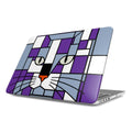 Purple, silver, grey and blue cat face MacBook protective case shown from the front angle.