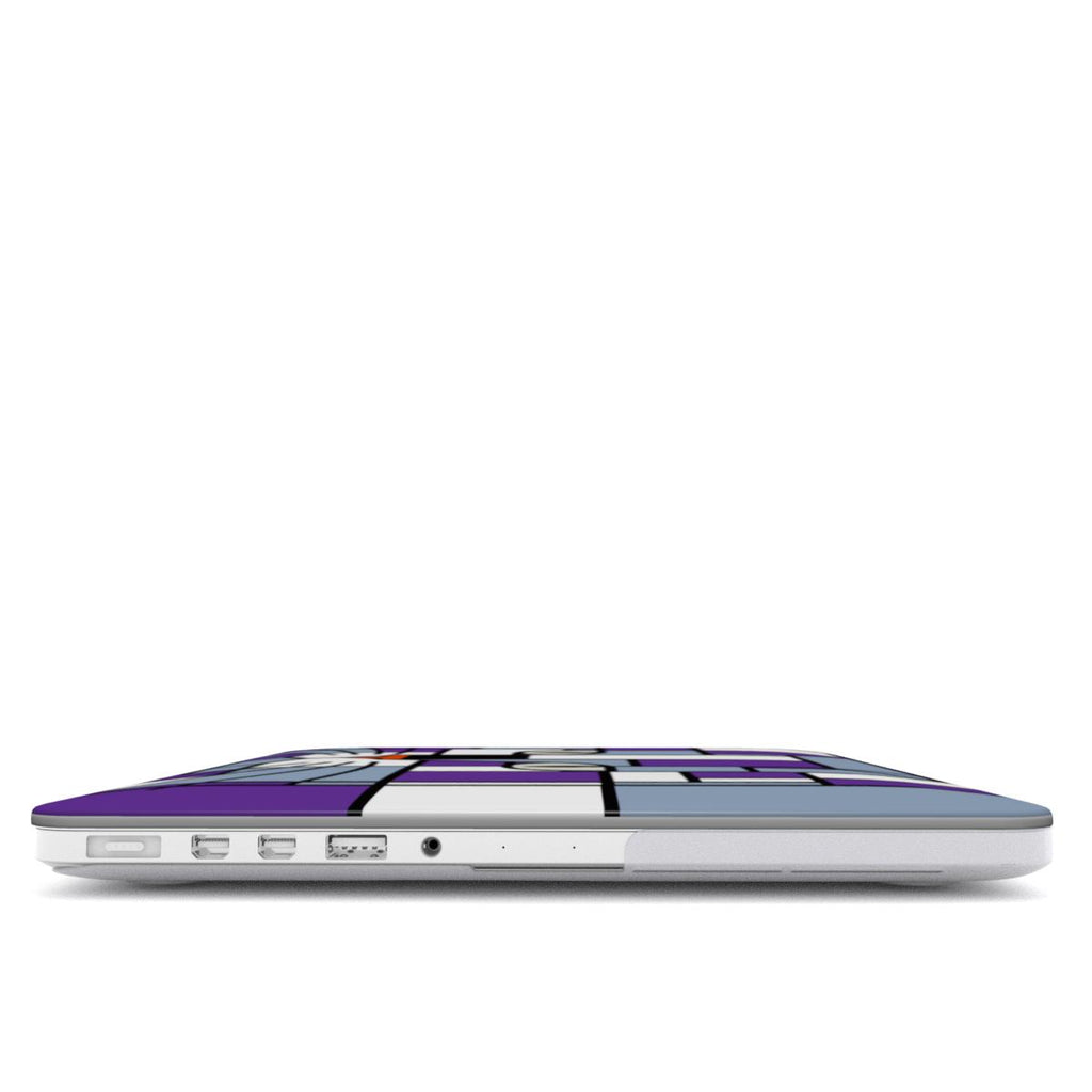Side view of the purple, silver, grey and blue cat face MacBook protective case, highlighting its slim profile.