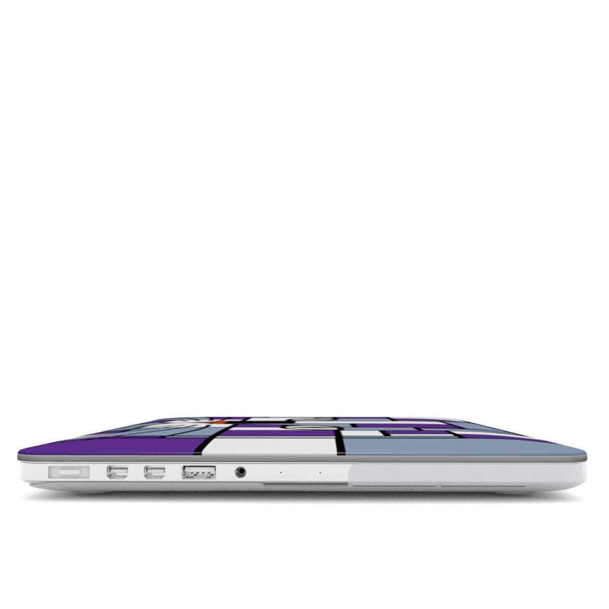 Side view of the purple, silver, grey and blue cat face MacBook protective case, highlighting its slim profile.