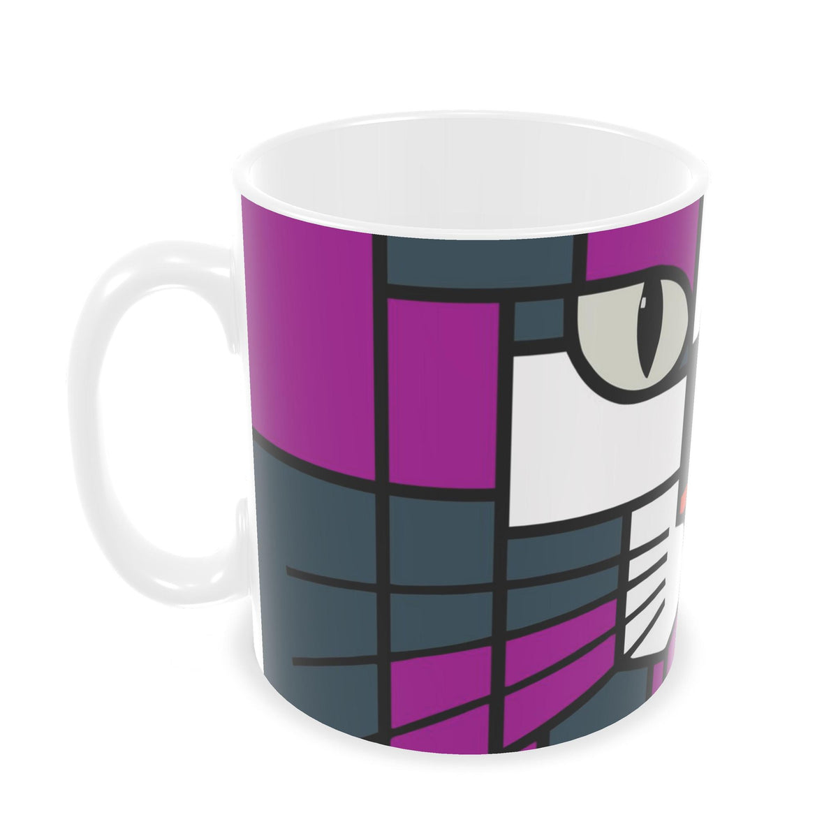 A white ceramic mug featuring a cubist-style cat face illustration in purple, dark gray, and white with black outlines.