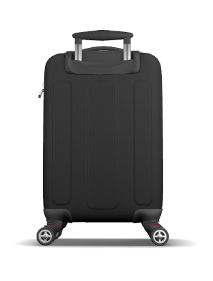 A black rear hard-shell spinner suitcase with green orange front and with an extended telescoping handle and four wheels, shown from the front on a white background.