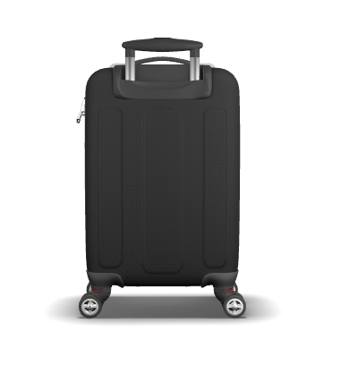 A black hard-shell spinner suitcase with an extended telescoping handle and four wheels, shown from a rear-facing perspective on a white background.