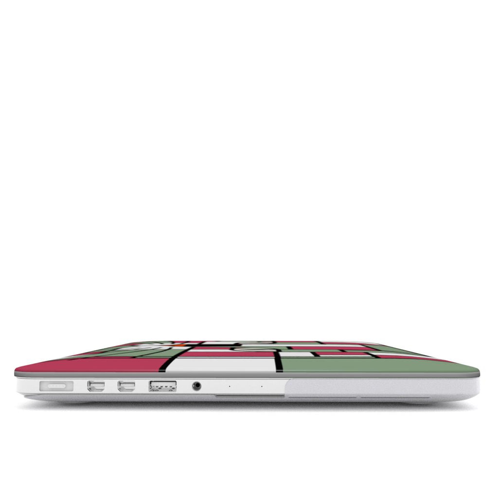 Side view of the red, terracotta and green MacBook protective case, highlighting its ultra-thin design.