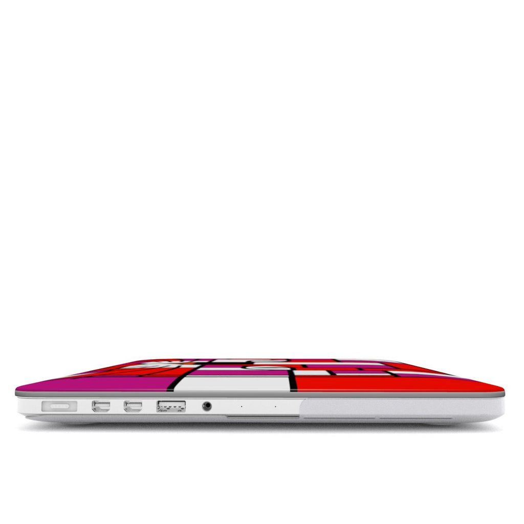 Side view of the blood orange, violet and neon MacBook protective case, highlighting its ultra-thin design.