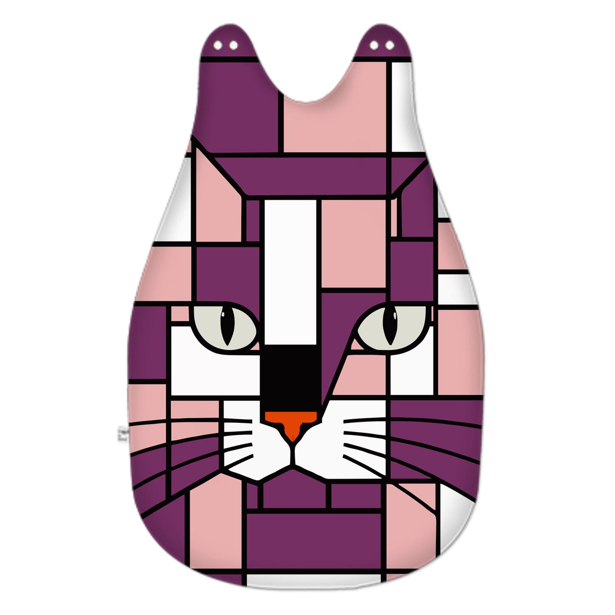 A cat-shaped baby sleeping bag featuring a cat face design in shades of purple, pink, white, black, and orange, shown on a plain white background. 