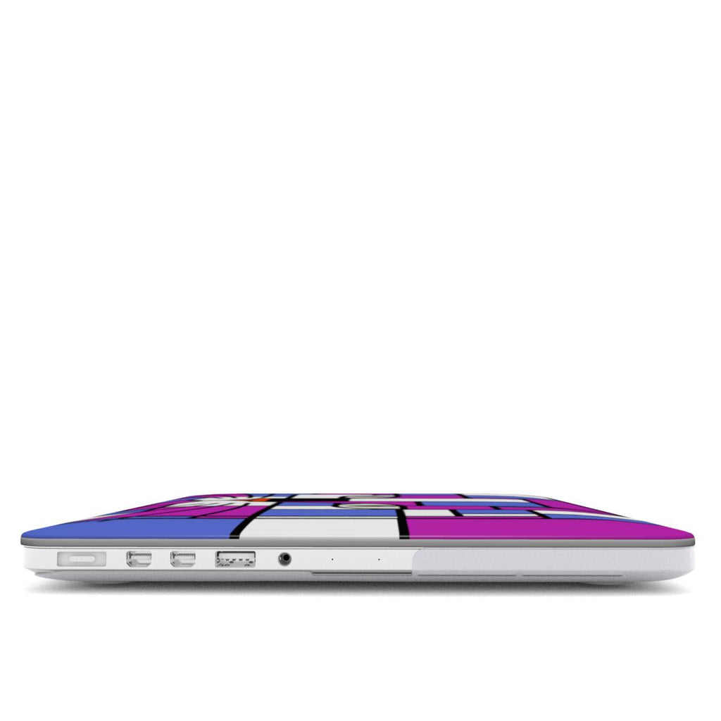 Side view of the royal blue and crimson red cat face MacBook protective case, highlighting its slim profile