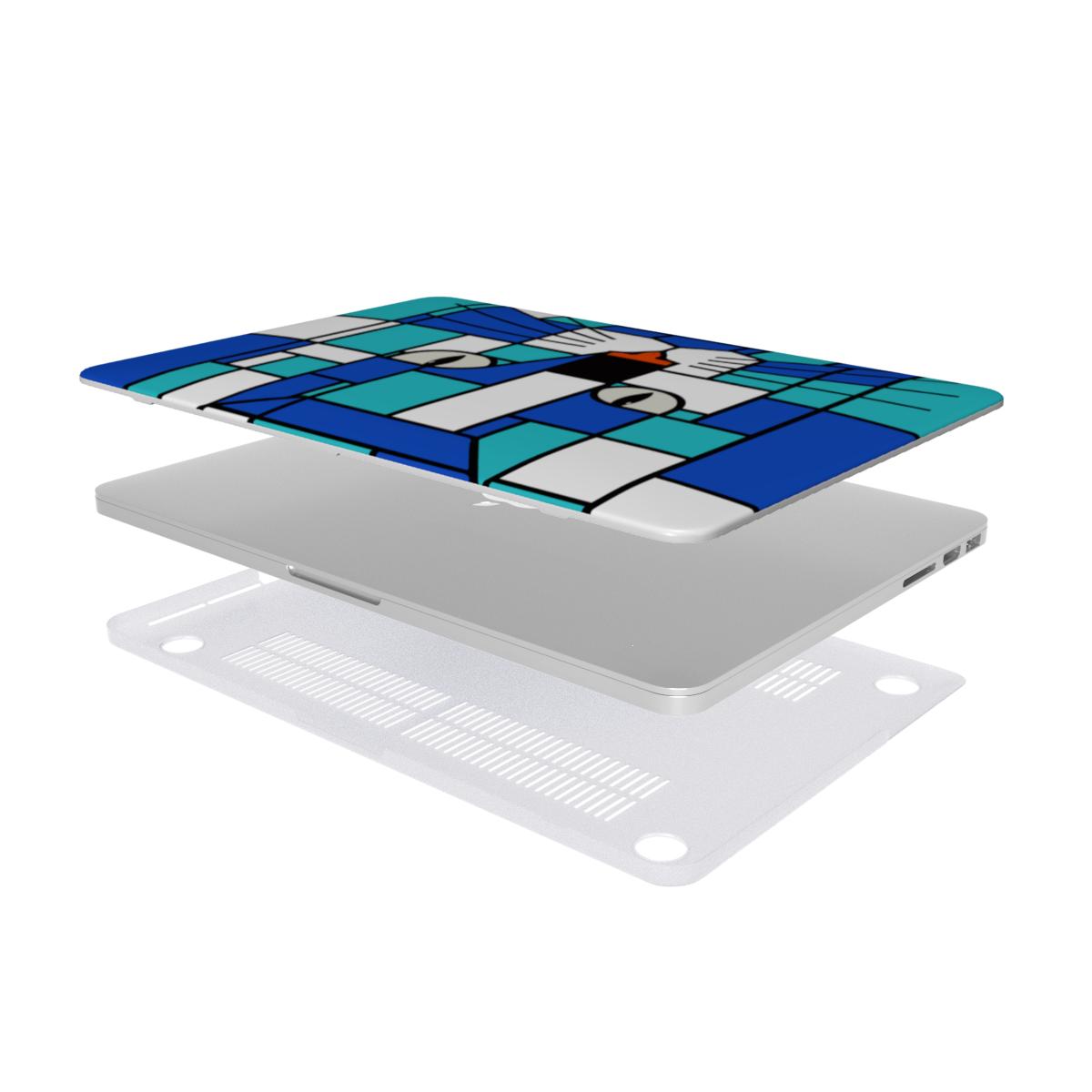 Seaside Blue and sea blue protective MacBook case fitted to a MacBook, showing its slim design and full port access.