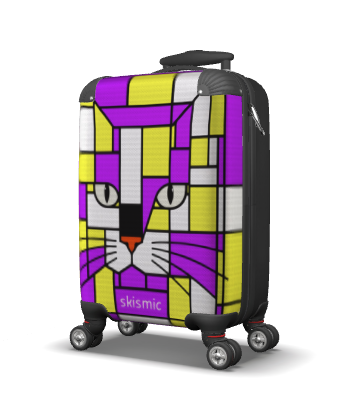 A hard-shell kids trolley  suitcase with a colorful cat face print in purple, yellow, white, and black, featuring four spinner wheels and the brand name 'skismic' near the bottom.