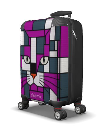 A 4 spiiner hell spinner suitcase with a colorful geometric cat face print. The design features a stylized cat face in shades of purple, teal, white, and black, with the word 'skismic' printed near the bottom.