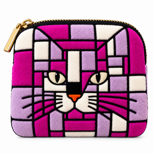 A small zip-around kids wallet, purse, portamonete with a plush texture featuring a stylized cat face in a stained-glass pattern of pink, purple, and white, with a gold zipper and pull.