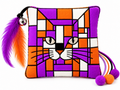 A small square plush cushion toy filled with catnip with a colorful geometric cat face design in purple, orange, and white. The cat nip toy has a black cord with a small silver bell and a purple and orange feather attached on the left, and two pom-poms on the right.