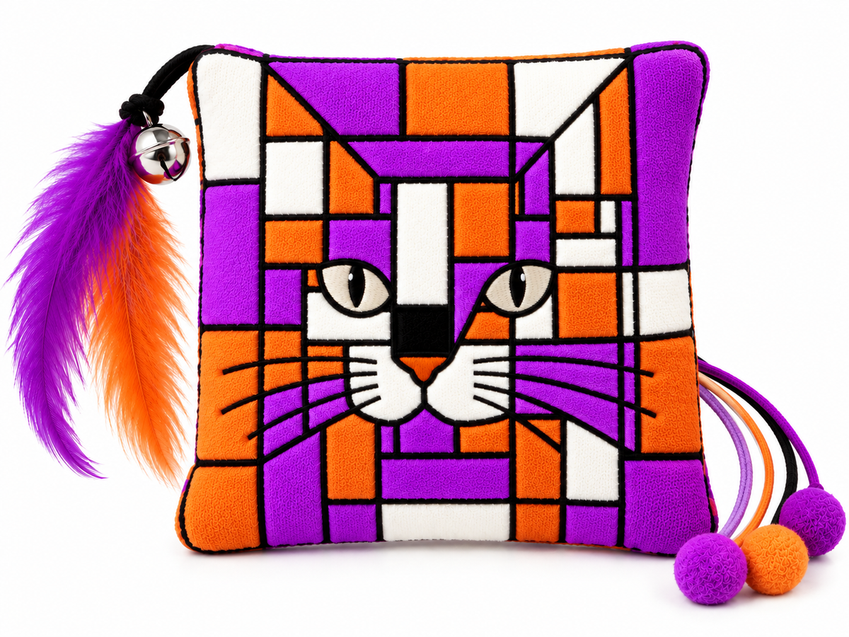 A small square plush cushion toy filled with catnip with a colorful geometric cat face design in purple, orange, and white. The cat nip toy has a black cord with a small silver bell and a purple and orange feather attached on the left, and two pom-poms on the right.