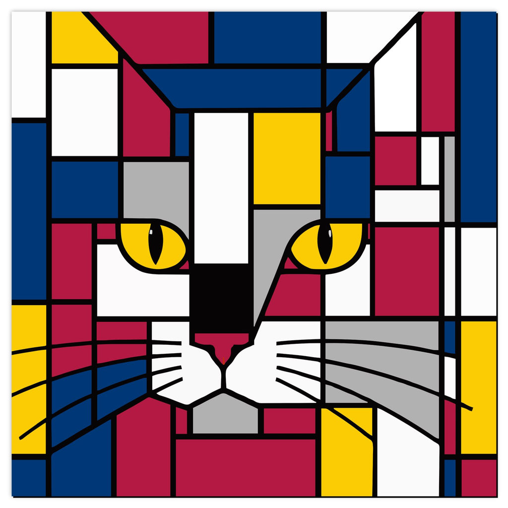 A stylized geometric cat face artwork in a Piet Mondrian-inspired block pattern, with yellow eyes, white paws, and blocks of navy, magenta, yellow, white, gray, and black.