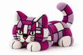 A stylized cat-shaped plush toy with a geometric patchwork pattern in magenta, lavender, and white, photographed on a clean white background.