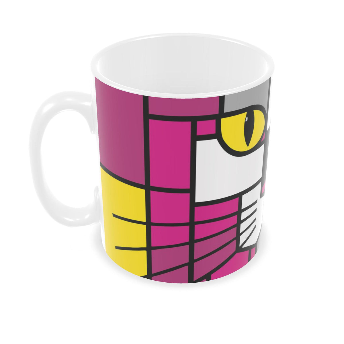 A white ceramic mug featuring a stylized, geometric cat face design in magenta, yellow, gray, and white with black outlines.
