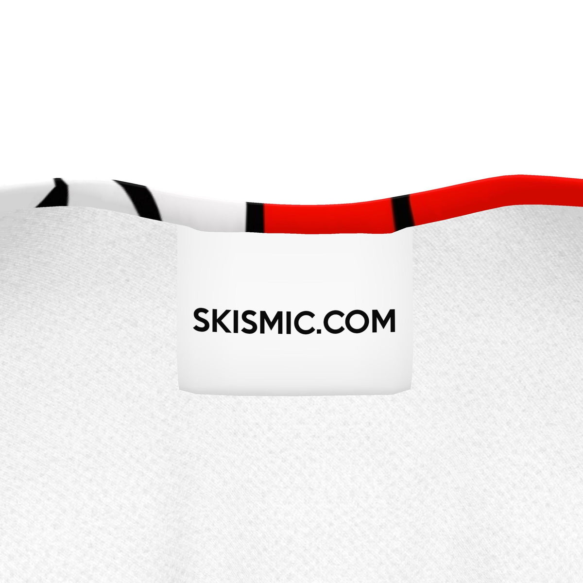 Close-up of a white textured fabric product with a curved red and black stripe detail and a white label reading SKISMIC.COM.
