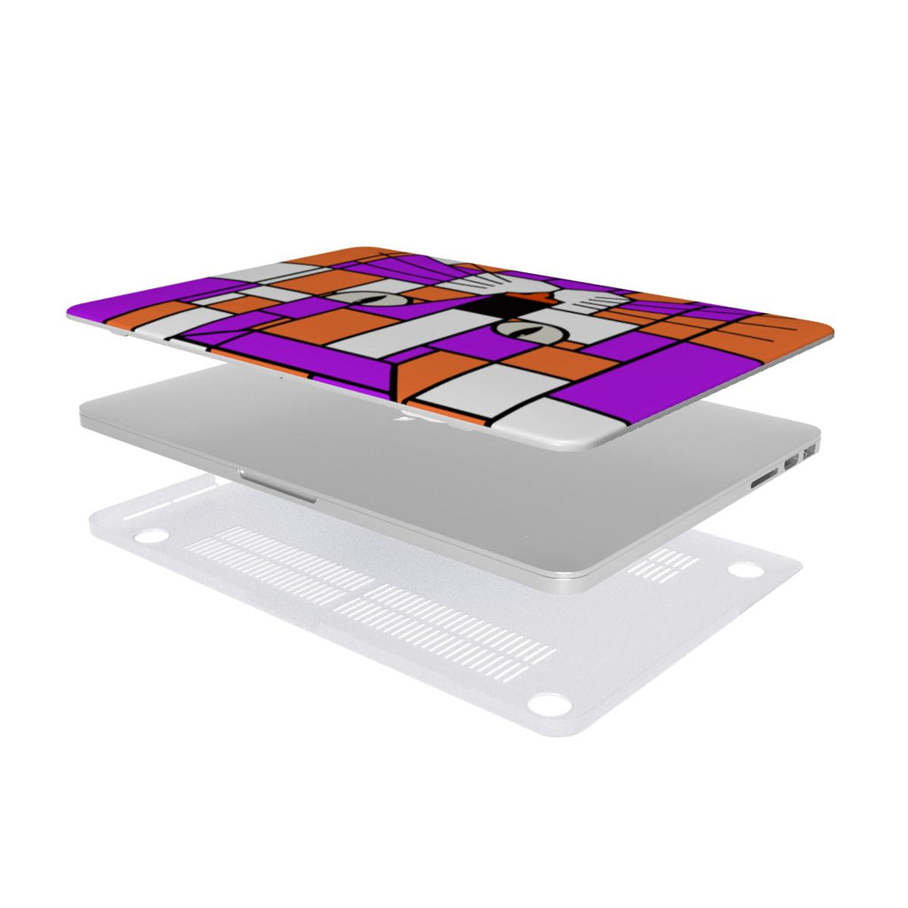 Bright purple and orange geometric cat face MacBook protective case showing the complete two-piece case assembly.