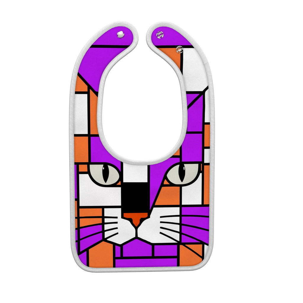 A baby bib featuring a stylized cat face in a geometric, stained-glass-like pattern of purple, orange, white, and black, shown on a solid white background.