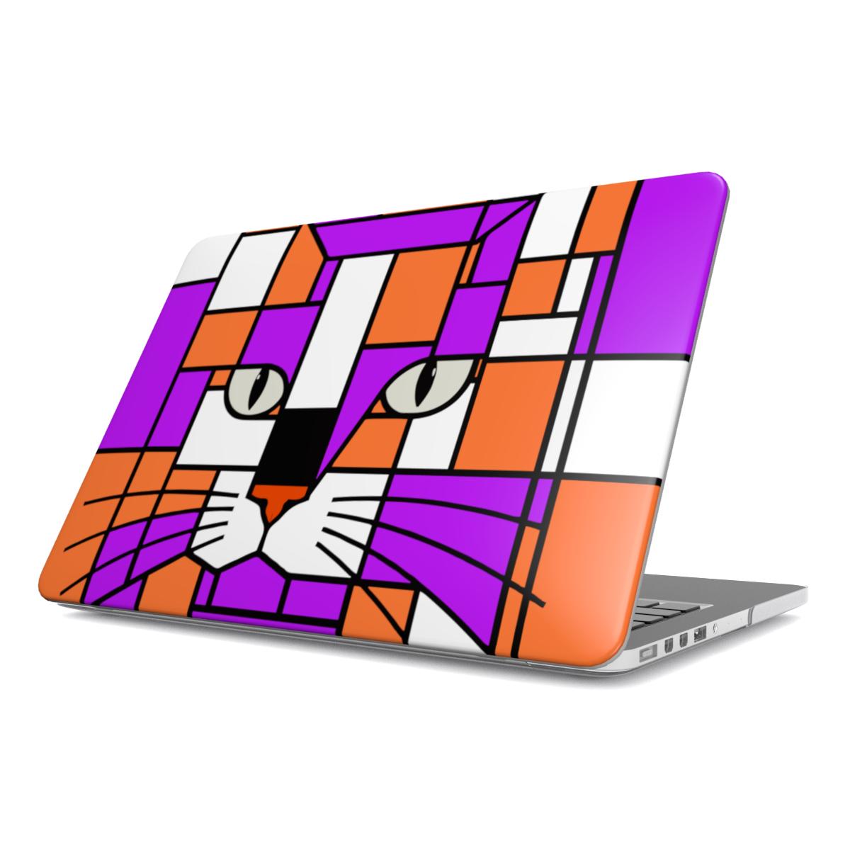Bright purple and orange geometric cat face MacBook protective case shown from the front angle.