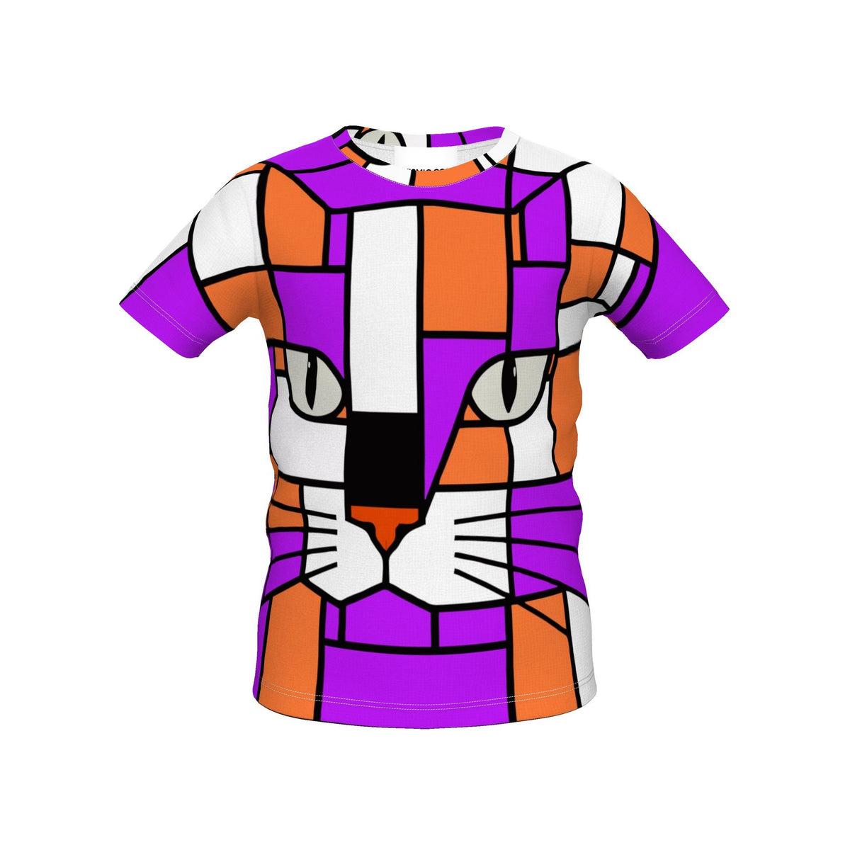 A short-sleeve crewneck t-shirt featuring a stylized, geometric cat face design in a stained-glass art style with purple, orange, white, and black blocks.