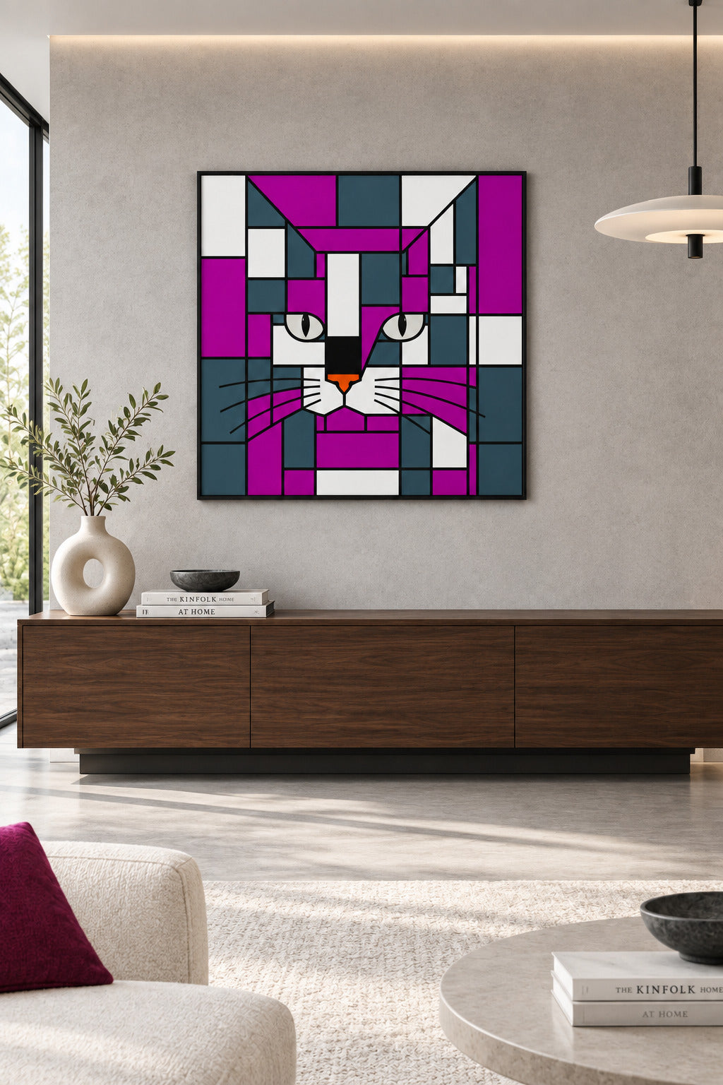 A framed geometric cat art print hangs on a white wall above a light beige sofa in a modern living room. The print features a stylized cat face made of purple, magenta, white, and dark gray blocks.