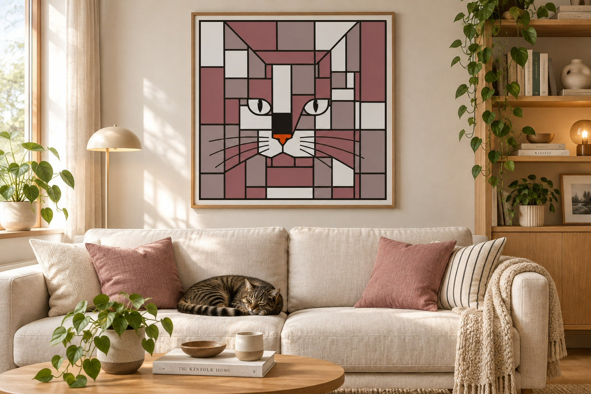zinc dusty rose cat face poster in mondrian and korean patchwork styles